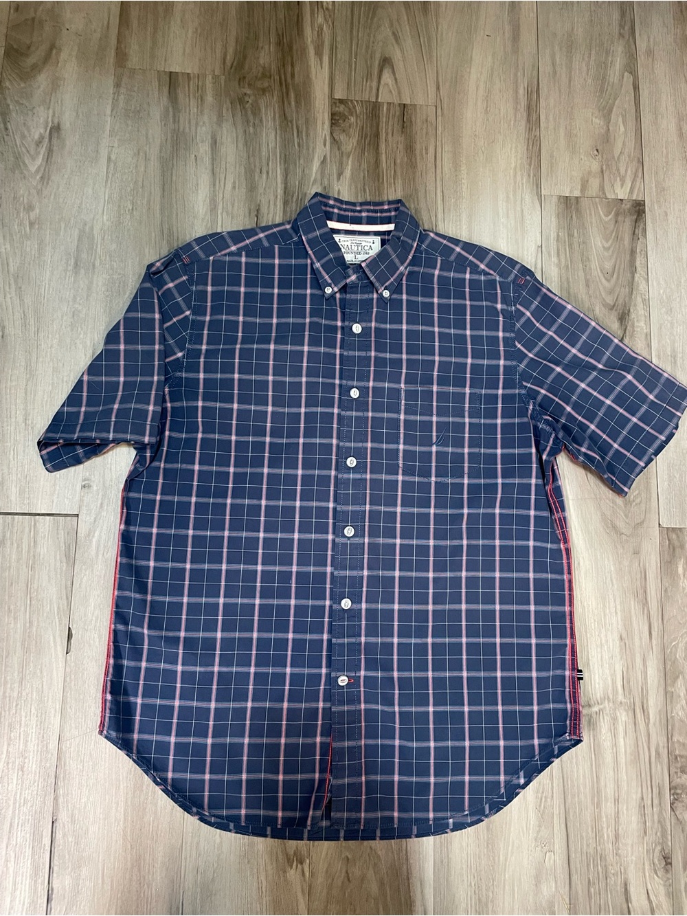Nautica Men's Navy and Pink Plaid Short Sleeve Button-Down Shirt